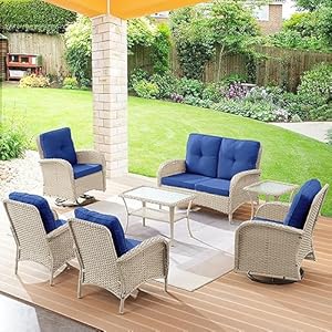 Patio Conversation Sets Wicker Furniture 7 PCS Outdoor Swivel Rocker Furniture Set for Patio Deck Poolside 2 Swivel Rockers 2 Club Chairs 2 Rattan Tables 1 Loveseat Included Blue Cushion