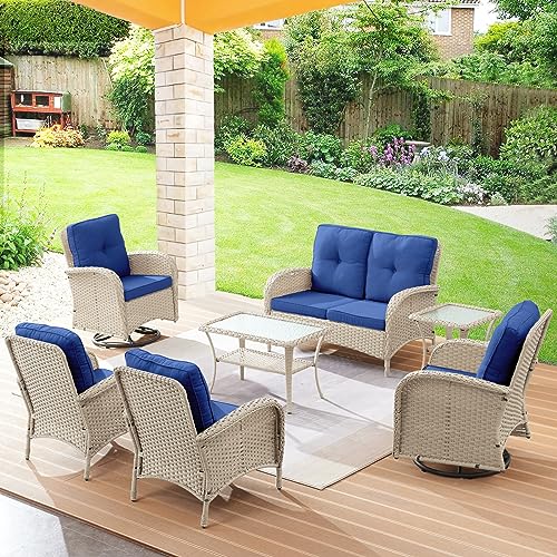 Patio-Conversation-Sets-Wicker-Furniture-7-PCS-Outdoor-Swivel-Rocker-Furniture-Set-for-Patio-Deck-Poolside-2-Swivel-Rockers-2-Club-Chairs-2-Rattan-Tables-1-Loveseat-Included-Blue-Cushion Patio Conversation Sets Wicker Furniture 7 PCS Outdoor Swivel Rocker Furniture Set for Patio Deck Poolside 2 Swivel Rockers 2 Club Chairs 2 Rattan Tables 1 Loveseat Included Blue Cushion