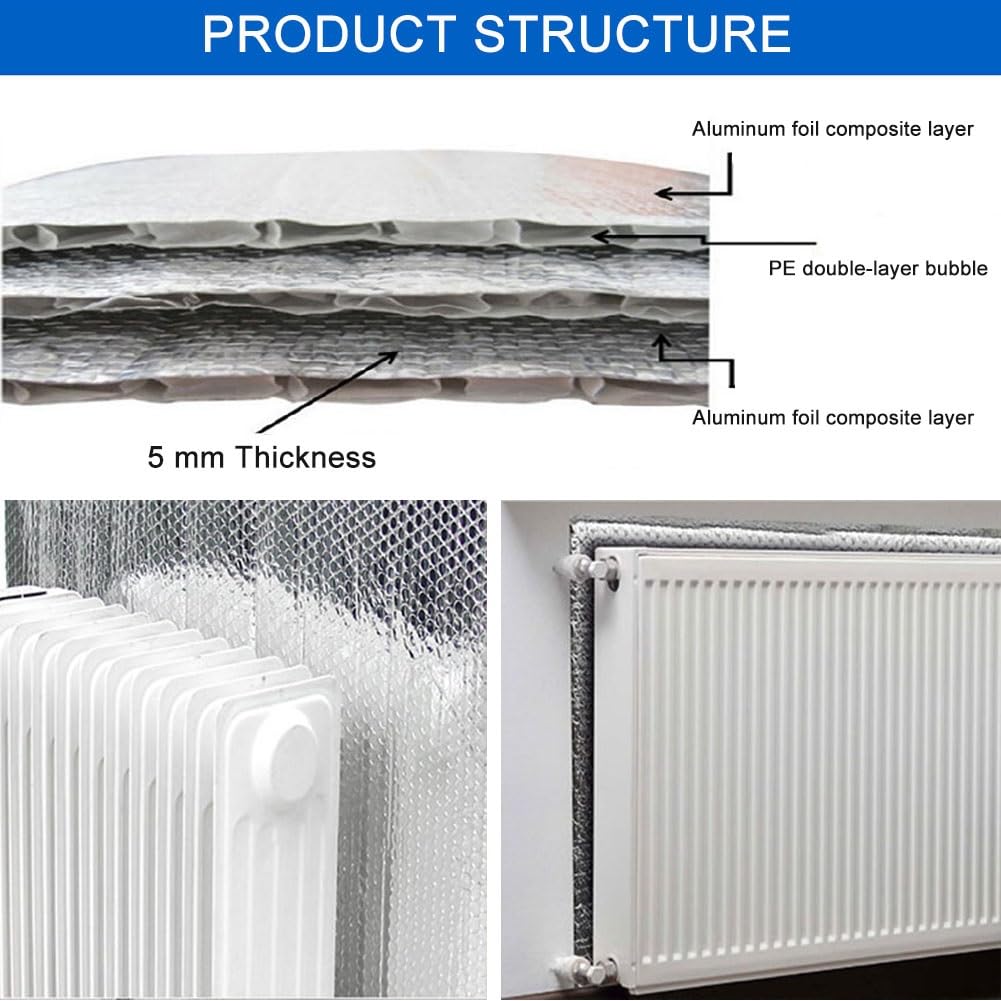 Pannello Termoriflettente per Termosifoni, Pannelli Riflettenti per Termosifoni con Nastro Adesivo, Isolante Termico Alte Temperature per Finestra Parete Vetro(W 60 x H 220 cm)