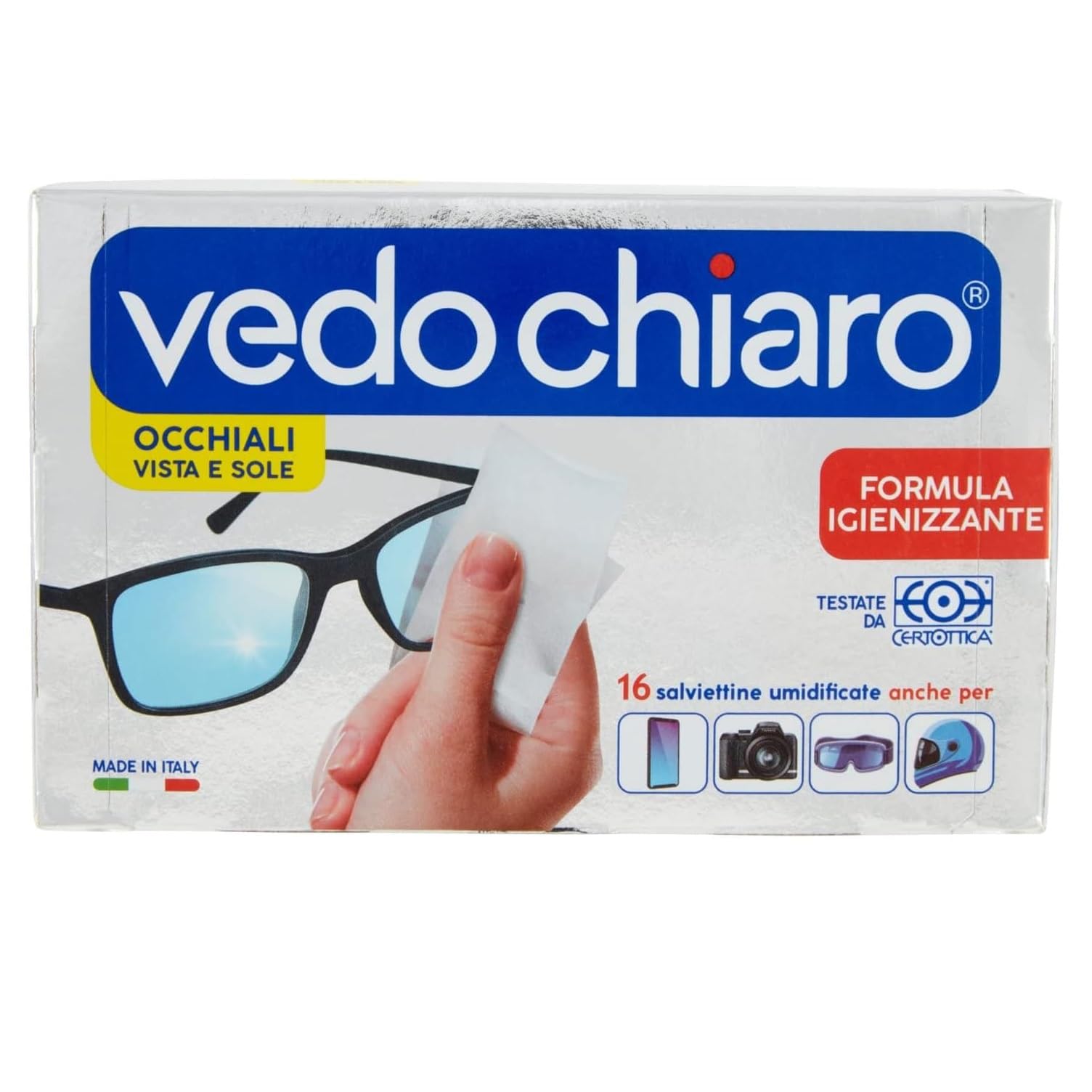 Vedochiaro Occhiali - Limpiador de cristales (16 toallitas, 12 paquetes, incluye polpa italiana)