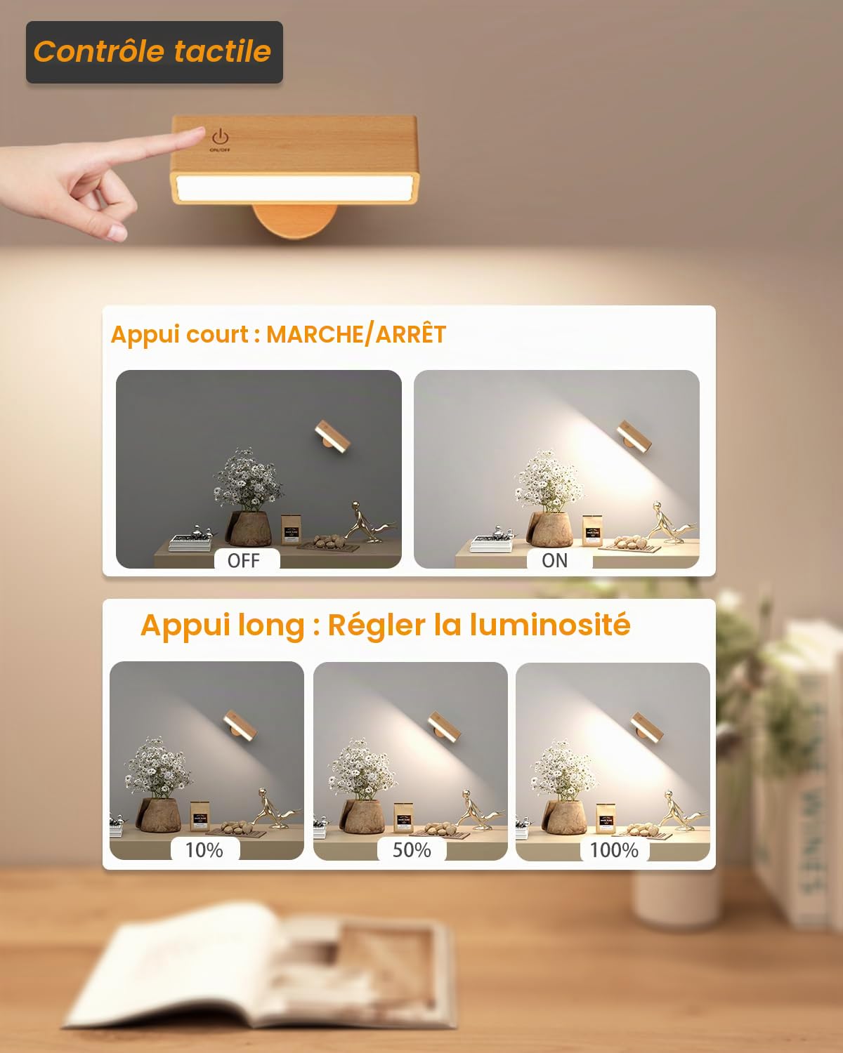 DetarZinLED Lot de 2 Applique Murale Intérieure Bois, Lampe Murale Sans Fil Rechargeable USB, Réglage de Luminosité, Lampe de Chevet Tactile