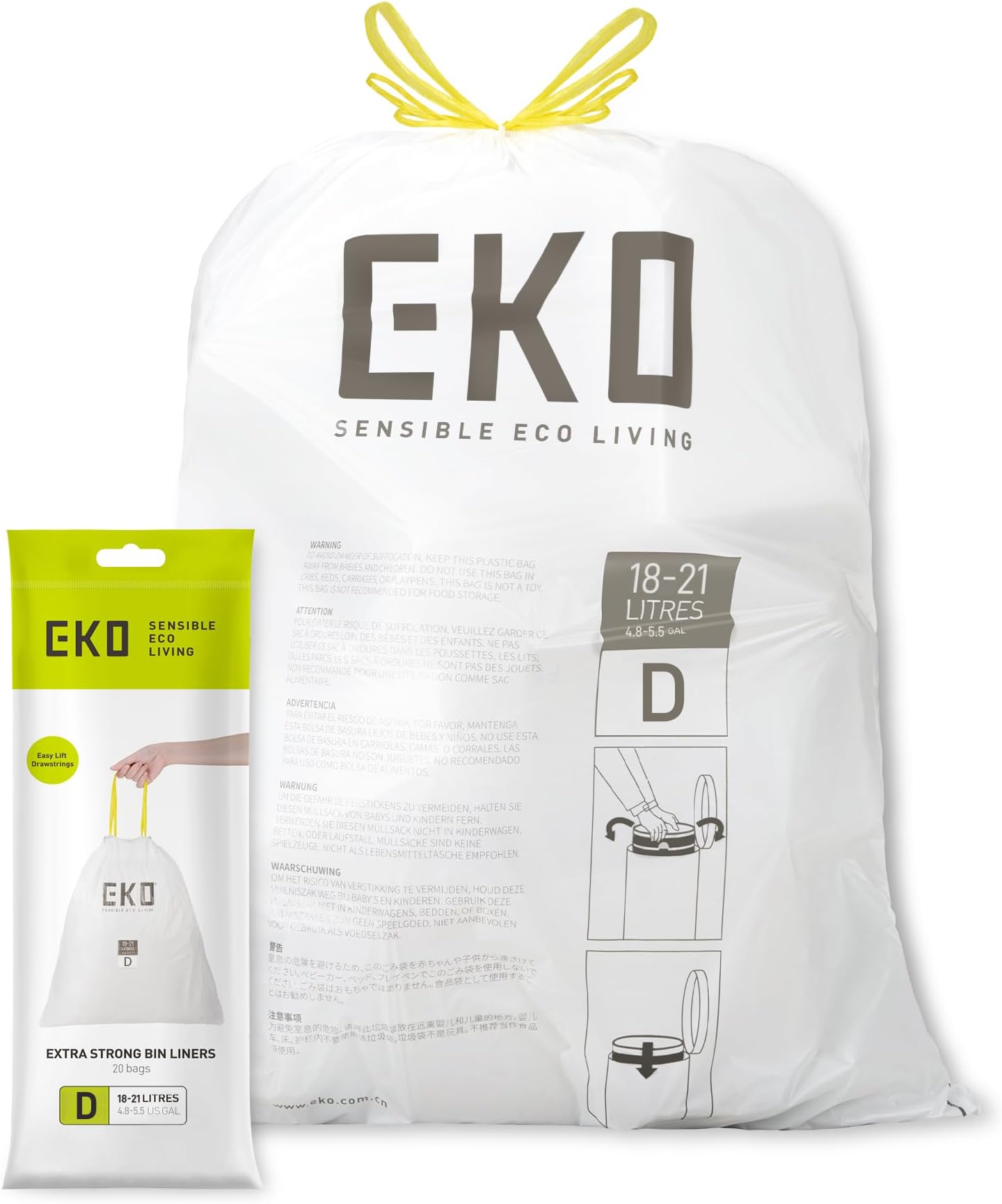 EKO Bin Liners, 18-21L, Size D, Thick Plastic Trash Bags with Tie Tape Drawstring Handles (20 bags)