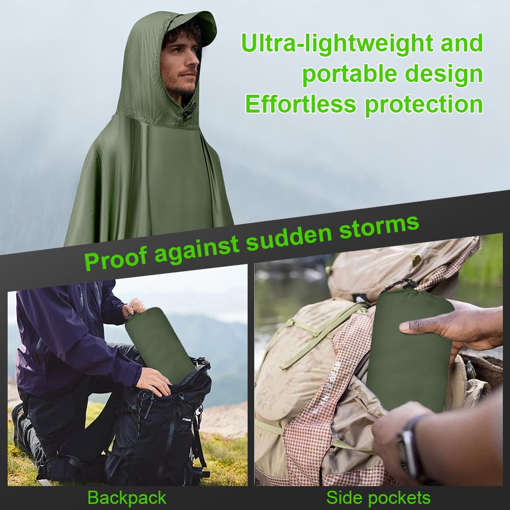 Vicloon Poncho de Lluvia Impermeable, Chubasquero con Capucha para Mujer Hombres, 3 en 1 Multifuncional Chubasquero Transpirable Ultrafino, Toldo Manta, Estera de Camping, Talla grande con Bolsa A