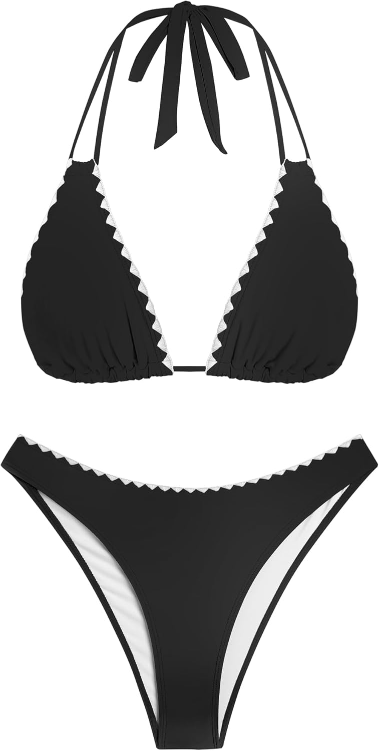 ZAFUL Bikini Sets for Women Halter Dual Straps Whip Stitch Floral Print Triangle 2 Pieces Bikini Swimsuits