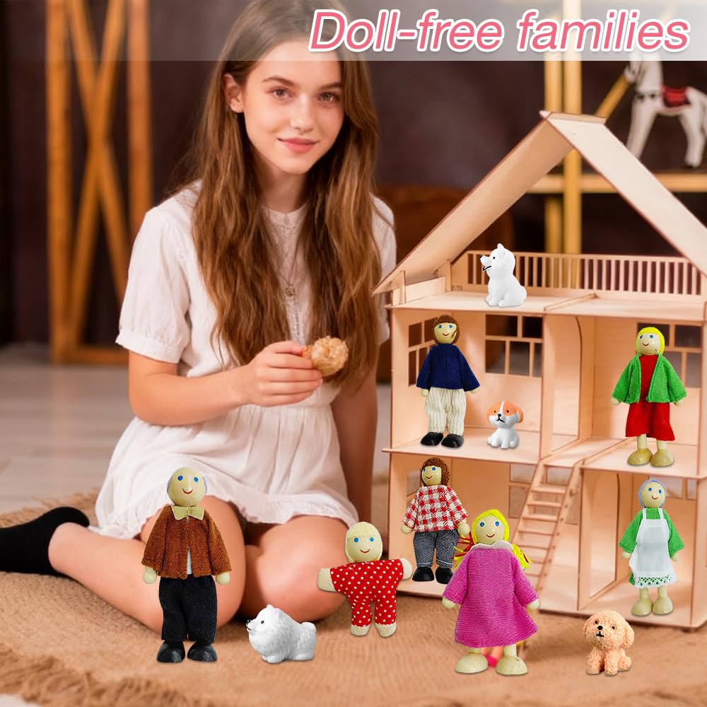 LYPPUL 11 Pezzi Set di Bambole in Legno per Famiglie, Casa delle Bambole in Legno Con 4 Cane, Bambole Famiglia, Set Famiglia di Persone, di Famiglia Mini Bambola Famiglia Fai Finta Accessori