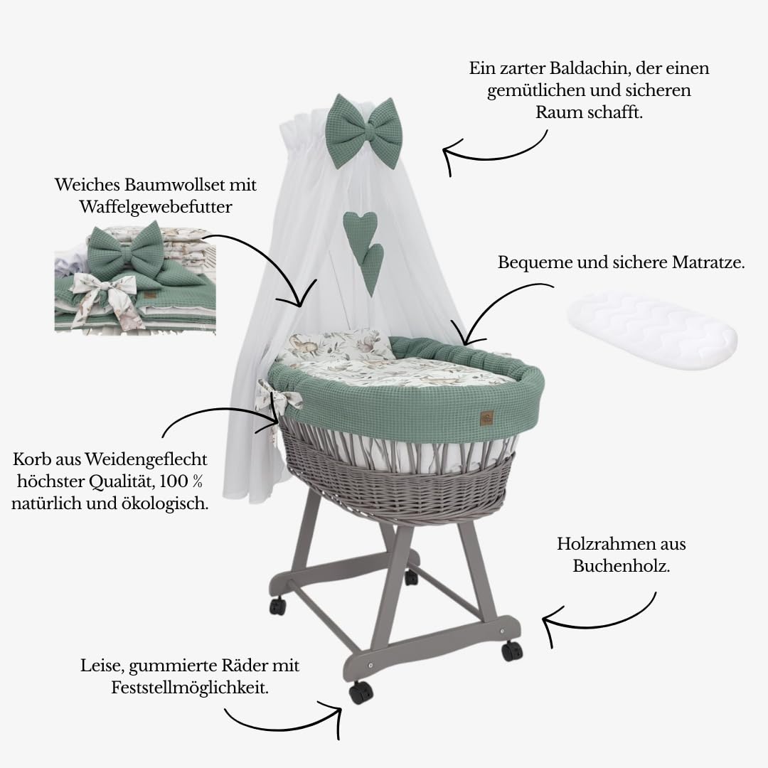 Stubenwagen Lena mit Baldachin – Babywiege mit Rollen, Matratze & Bettwäsche aus Waffelstoff mit Khaki - Rehlein, handgefertigt, grau Moseskorb aus Weide