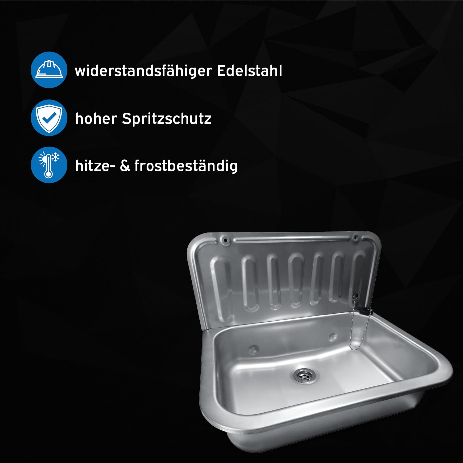 kör4u Set completo lavandino 50 cm, in robusto acciaio inox, con tappo di scarico, sifone in plastica bianco, 1 1/2 pollici x 40 mm, tappo in gomma DN 40/50