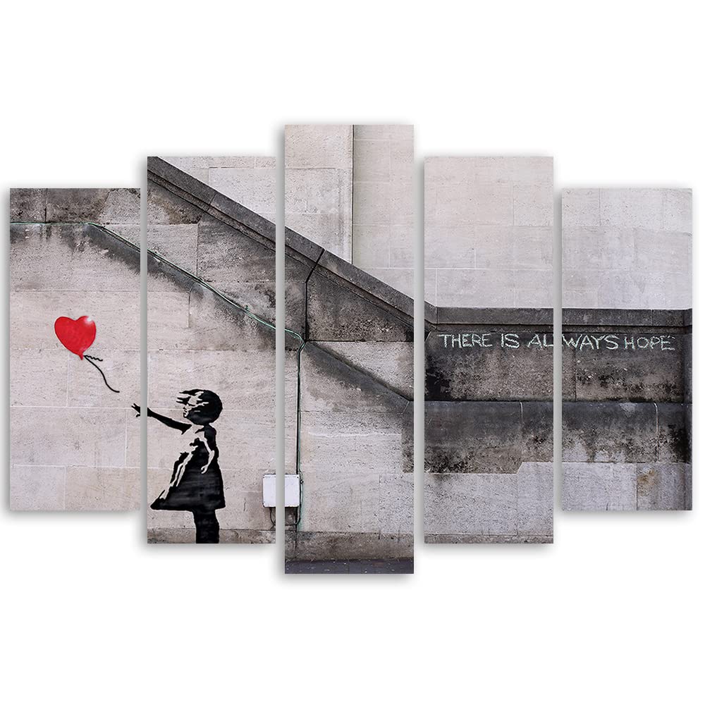 Feeby Leinwandbild 5-teilig 200x100 cm Straßenkunst Banksy Graffiti Bild Wanddeko Wand Bild Kunstdruck Deko Wohnzimmer Mädchen mit Luftballon Fototapete Grau