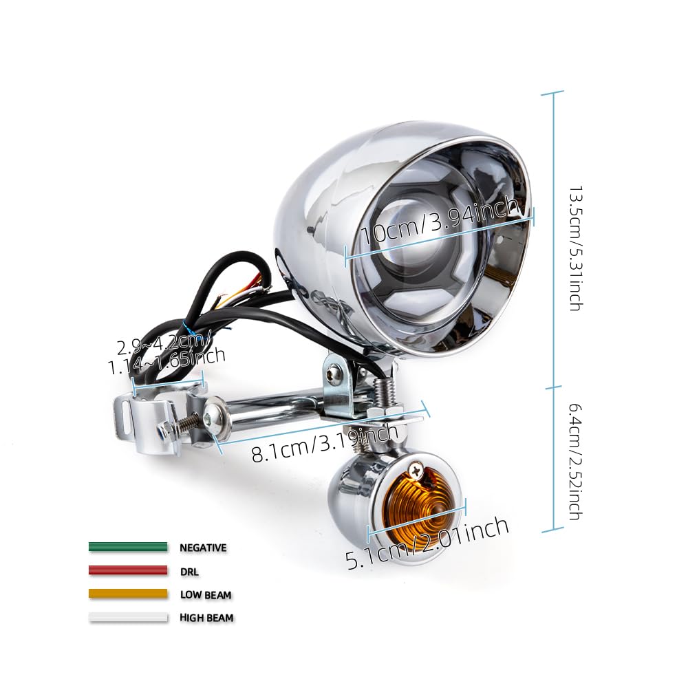 Faro anabbagliante per moto, indicatore di direzione con supporto per cruiser, chopper, cafe racer e moto custom. Gruppo ottico supplementare. (Guscio giallo)