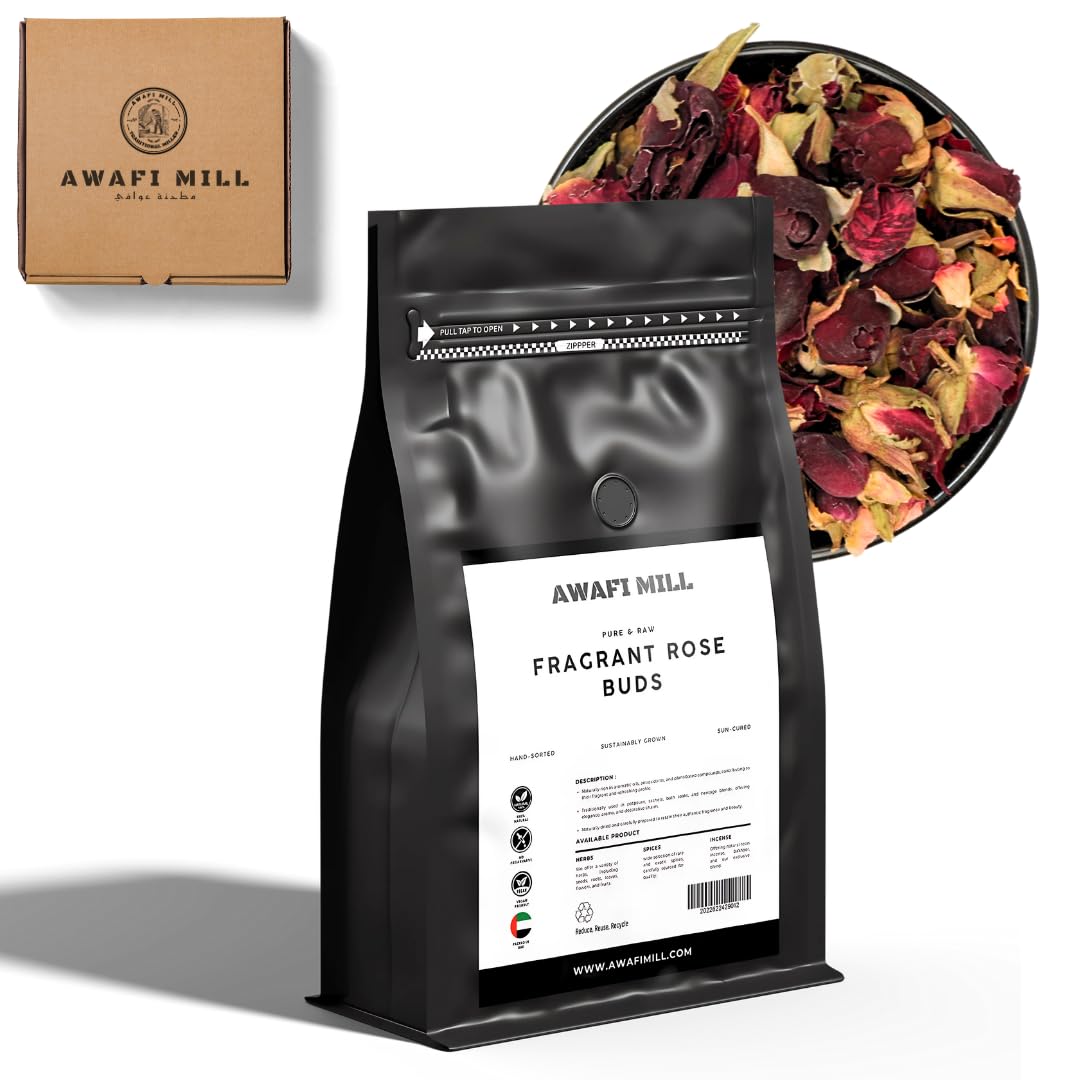 AWAFI MILL Fragrant Red Rose Buds (Dried) | Whole Premium Rosebuds for Potpourri, Drawer Sachets, Wax Sachets & Wedding Decor | Rich Floral Aroma | Loose Dried Flowers - 500 g | 17.6 Oz