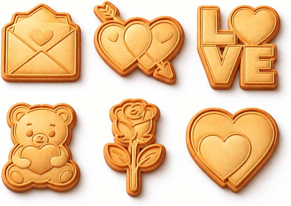 Kit 6 Cortadores Marcadores de Biscoito Dia dos Namorados – Cookies, Pasta Americana e Fondant – Coração, Love, Urso, Rosa e Envelope