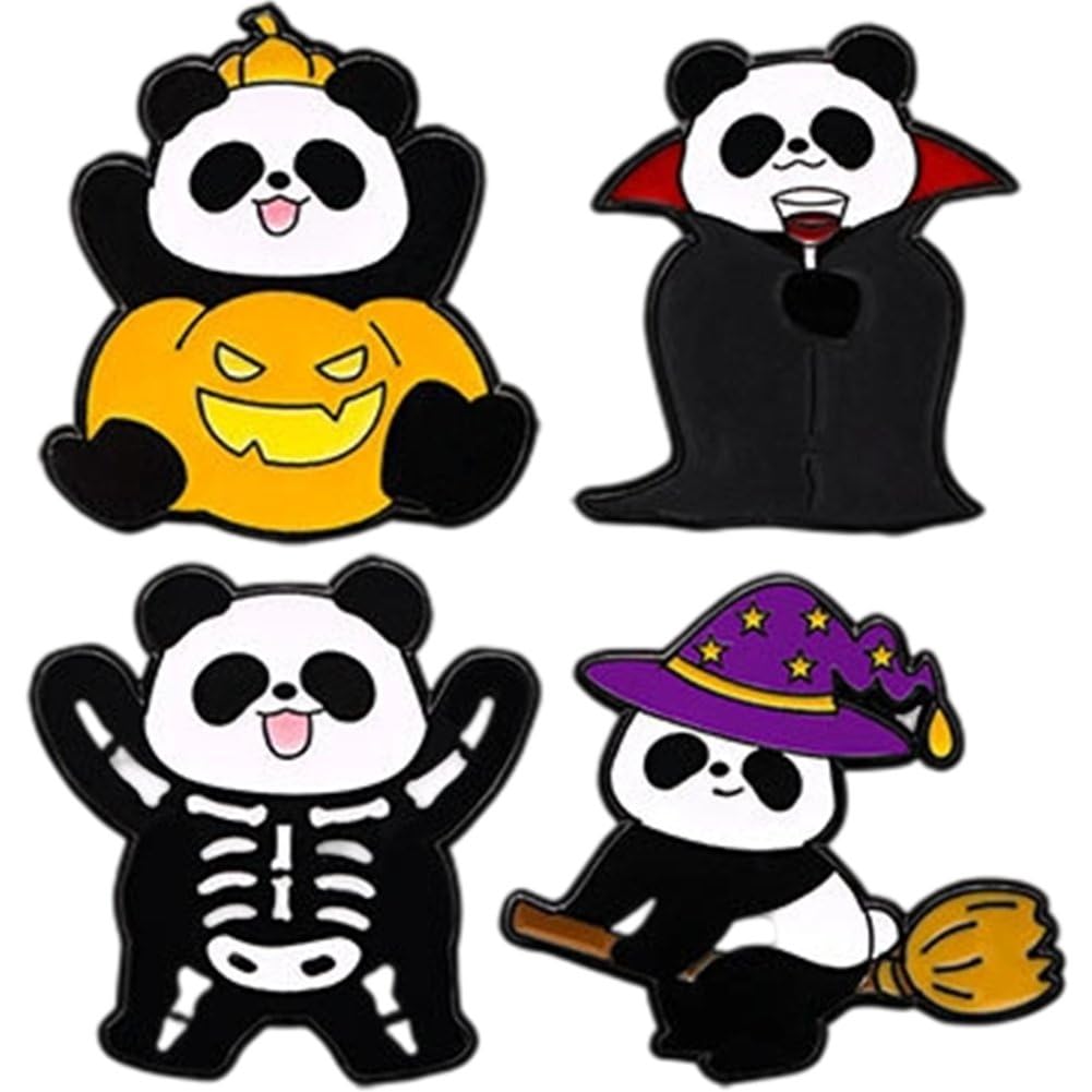 Fituenly Panda 4Pcs Halloween Brooch Pins, Cute Pumpkin Badges Pins Funny Halloween Skull Witch Lapel Pin Jewelry Gifts Halloween Costume Accessories