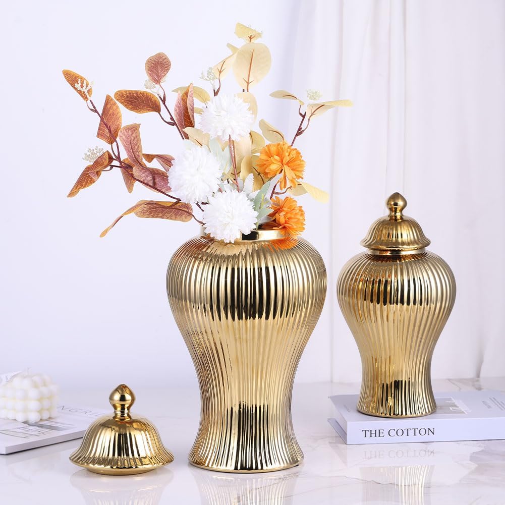 16.5" Gold Ceramic Ginger Jar Vase with Lid - Modern Luxury Ceramic Decoration Gold Ginger Jars for Home Decor, Living Room, Kitchen, Dining Table, Cabinet, Bookshelf Decor, Storage Jar