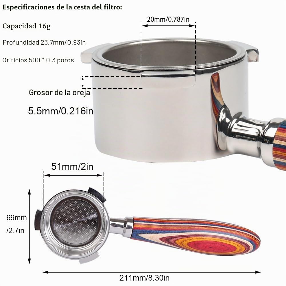 CAPFEI Portafiltro sin fondo, 51 mm, solo compatible con DeLonghi Dedica EC680/EC685/EC885 con 3 orejas, cesta de filtro de 0,3 mm poros, color mango de madera