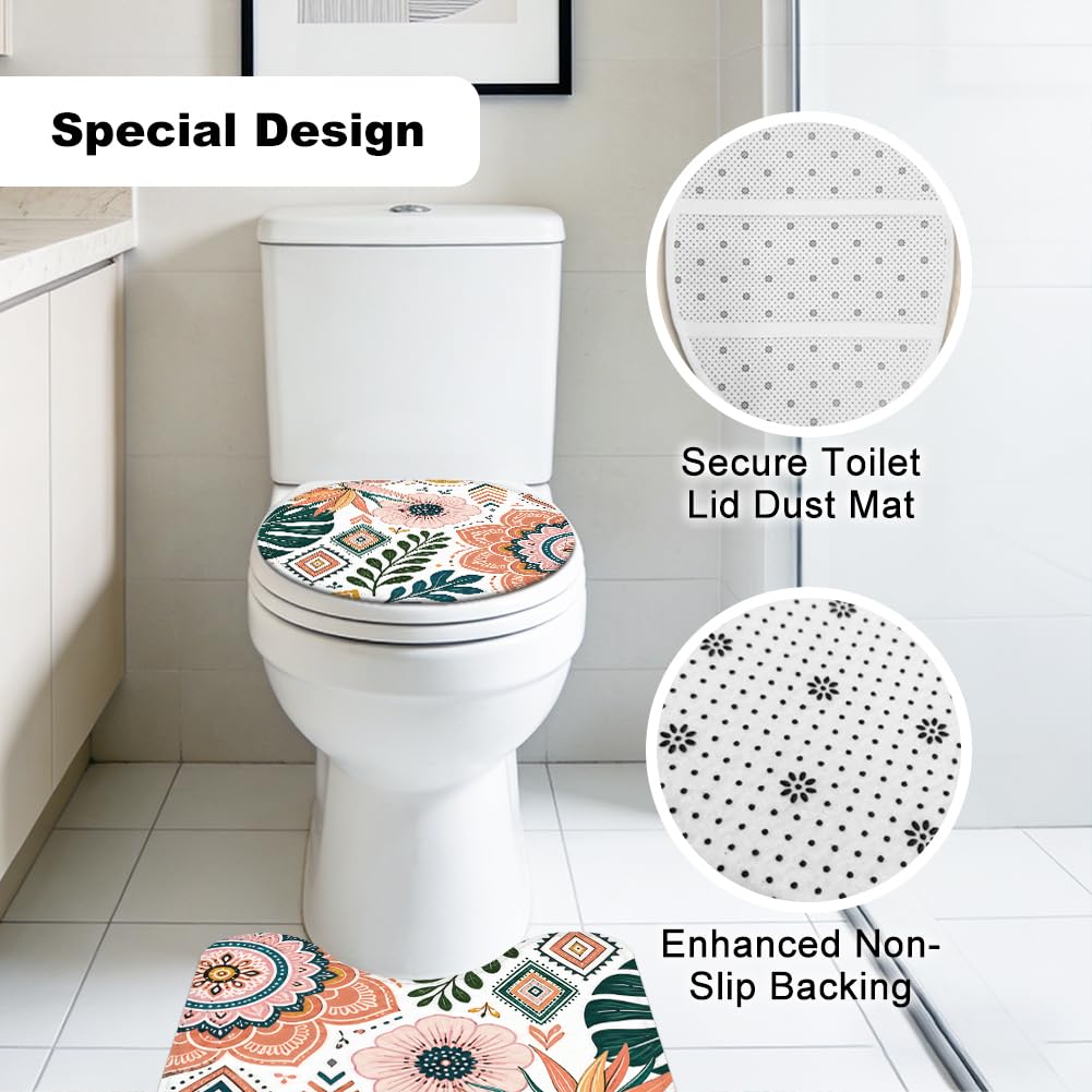 Set di 3 tappeti da bagno floreali bohémien, antiscivolo, decorazione per il bagno, a forma di U, per camera da letto, pavimento, cucina, vasca da bagno, decorazione per la casa