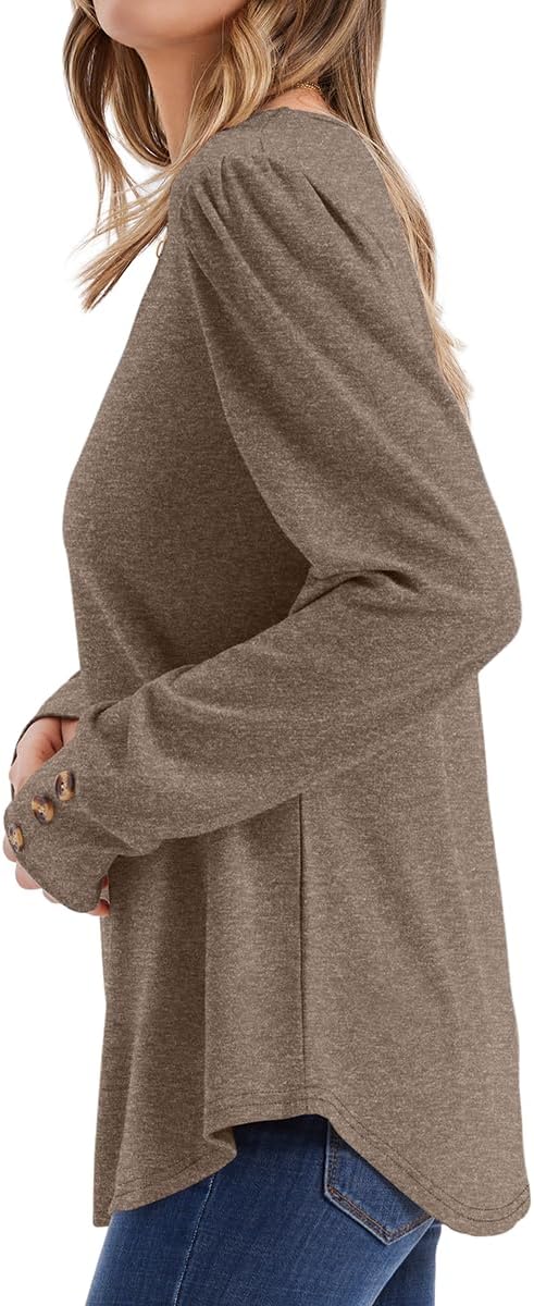 OFEEFAN Long Sleeve Shirts for Women Blouses Dressy Casual Womens Sweaters Puff Sleeve Fashion Clothing Tops with Buttons - Image 5