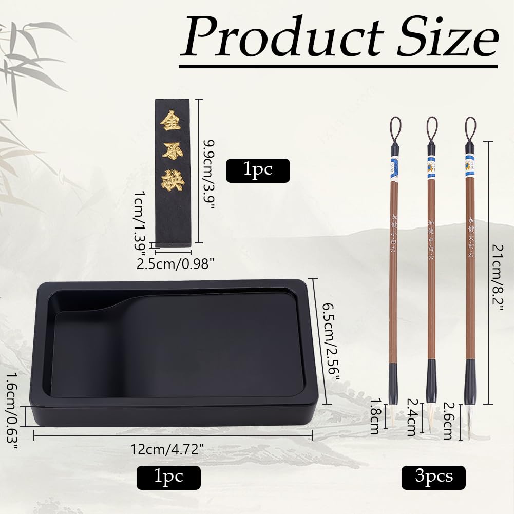 WEBEEDY 5 Pcs Chinese Calligraphy Brush Set with Ink Stone and Ink Stick for Adult Beginners Traditional Chinese Calligraphy Writing Practice Painting Supplies (3 Size Brushes)