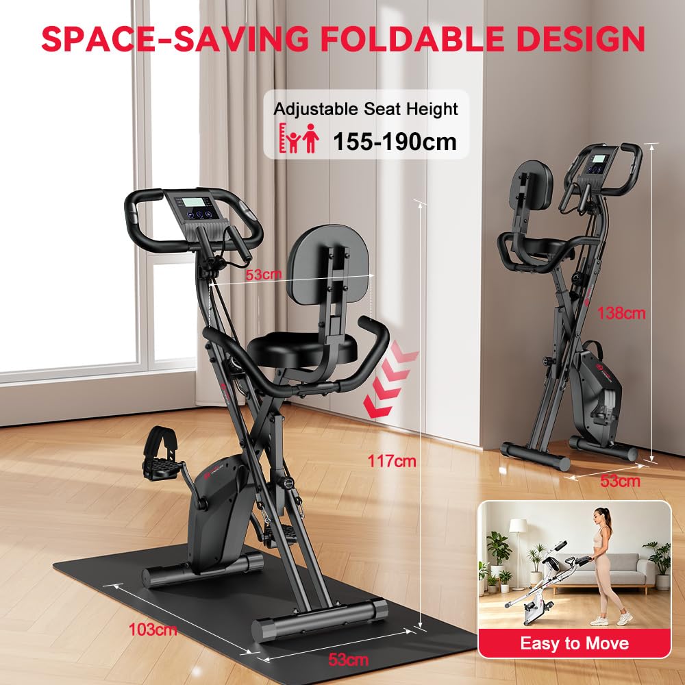 Cyclette pieghevole silenziosa (<20dB) 3 in 1 bicicletta stazionaria con 8 resistenze magnetiche, schermo LCD multifunzionale e supporto tablet, per uso domestico, altezza regolabile 155-190cm