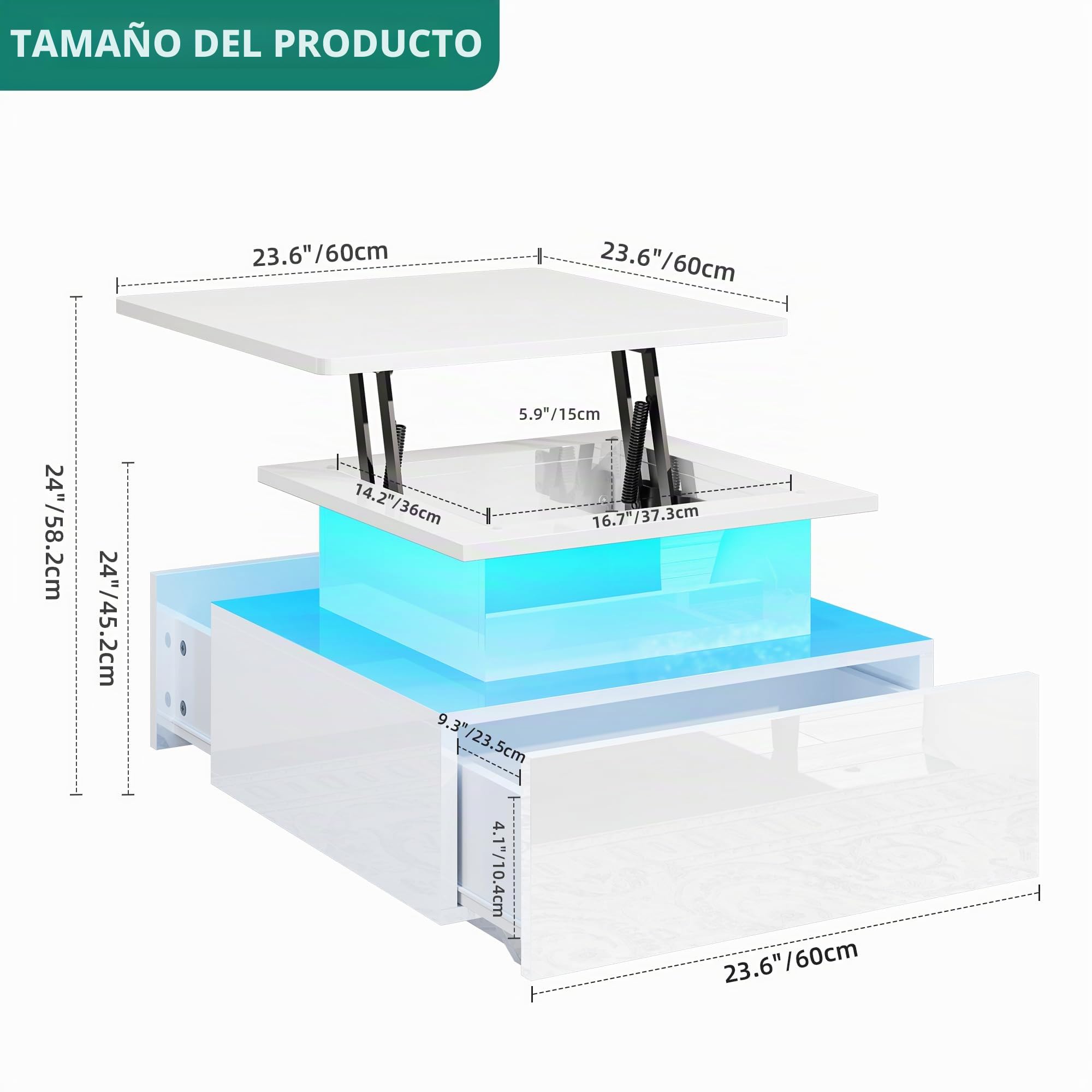 YITAHOME Mesa de Centro Brillante Modernas con LED de 16 Colores, 60x60x45cm Mesa Centro Elevable con 2 Cajones, Adecuado para Salas de Estar y Apartamentos