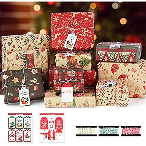 Christmas Gift Wrapping Paper 12 Sheets, Recyclable Kraft Paper for Xmas gift wrap 70x50CM (Bonus 15m Cotton Strings and 12 PCS Gift Tags) Cover