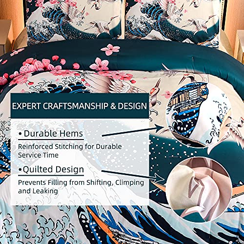 Btargot Japanese Style Comforter Set Full Size,Cherry Blossoms Crane Printed Decor Bedding Set For Kids Girls Women Bedroom Decor,Sea Waves Down Comforter Traditional Retro Theme With 2 Pillowcases #TOP2