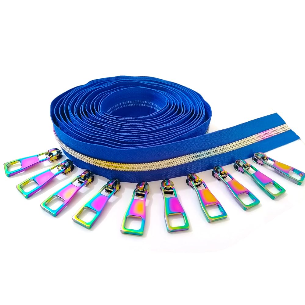 #5 Zippers for Sewing,Rainbow Teeth Nylon Zipper by The Yard Blue Zipper Tape with 10PCS Pulls for Tailor Sewing Crafts 5 Yards(Blue Tape)