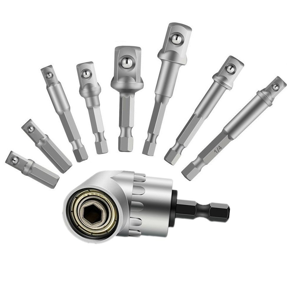 Adaptateur de douille de 8 pièces Jeu de barres de foret hexagonales (1/4,3/8,1/2 po) + Tournevis à angle droit Tournevis électrique Perceuse électrique (1/4 Pouce, poignée hexagonale)