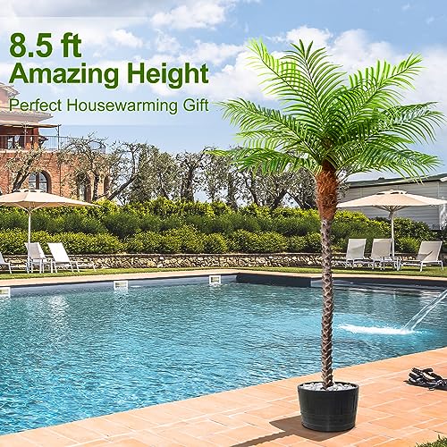 Image of 8.5ft Tall Artificial Phoenix Palm Tree for Outdoors Indoor Decor, Large Faux Coconut Silk Palm Tree Tropical Fake Tree Perfect for Outside Patio Poolside Porch Home Office Decor (Set of 2)