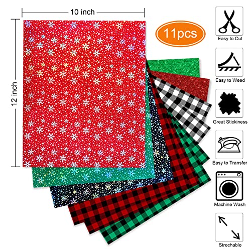 Christmas Heat Transfer Vinyl, 11 Sheets Christmas Buffalo Plaid HTV Vinyl, Holographic Snowflake Iron On Vinyl for Cameo 12×10 inch - Image 4
