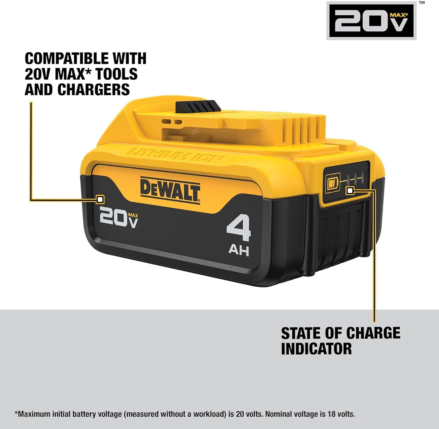 DeWalt DCB204 - Batteria ricaricabile agli ioni di litio, 4000 mAh, 20 V, batteria ricaricabile (4000 mAh, Ioni di Litio, 20 V, Nero, Giallo, 1 pezzo(i)