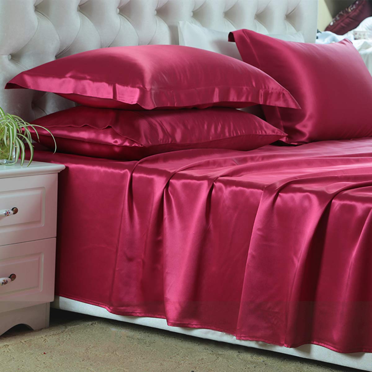 Orose 4Pcs 22 Momme Pure Silk Sheets Bed Set Seamless Mulberry Silk Custom Simple Style Thick Deep Pocket