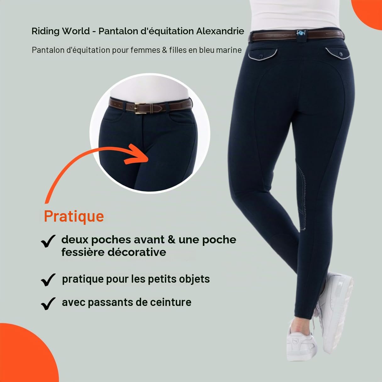 RIDING WORLD Pantalon d'équitation pour fille et garçon Alexandrie | Pantalon d'équitation avec genouillères en tissu | avec poches avant | Legging d'équitation bleu marine | Vêtements d'équitation