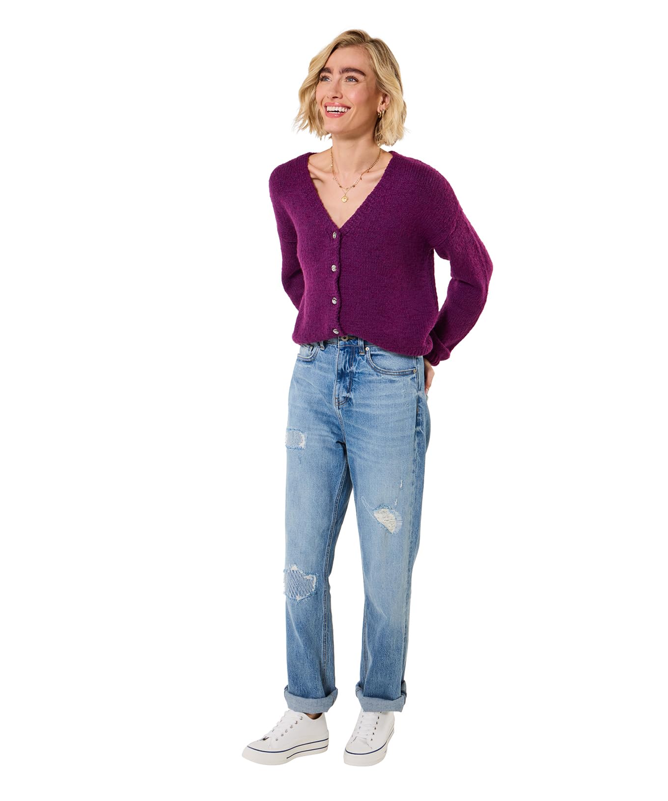 Joe Browns Women's Plum Button Front Long Sleeve V-Neck Cardigan Sweater In | Size: 16