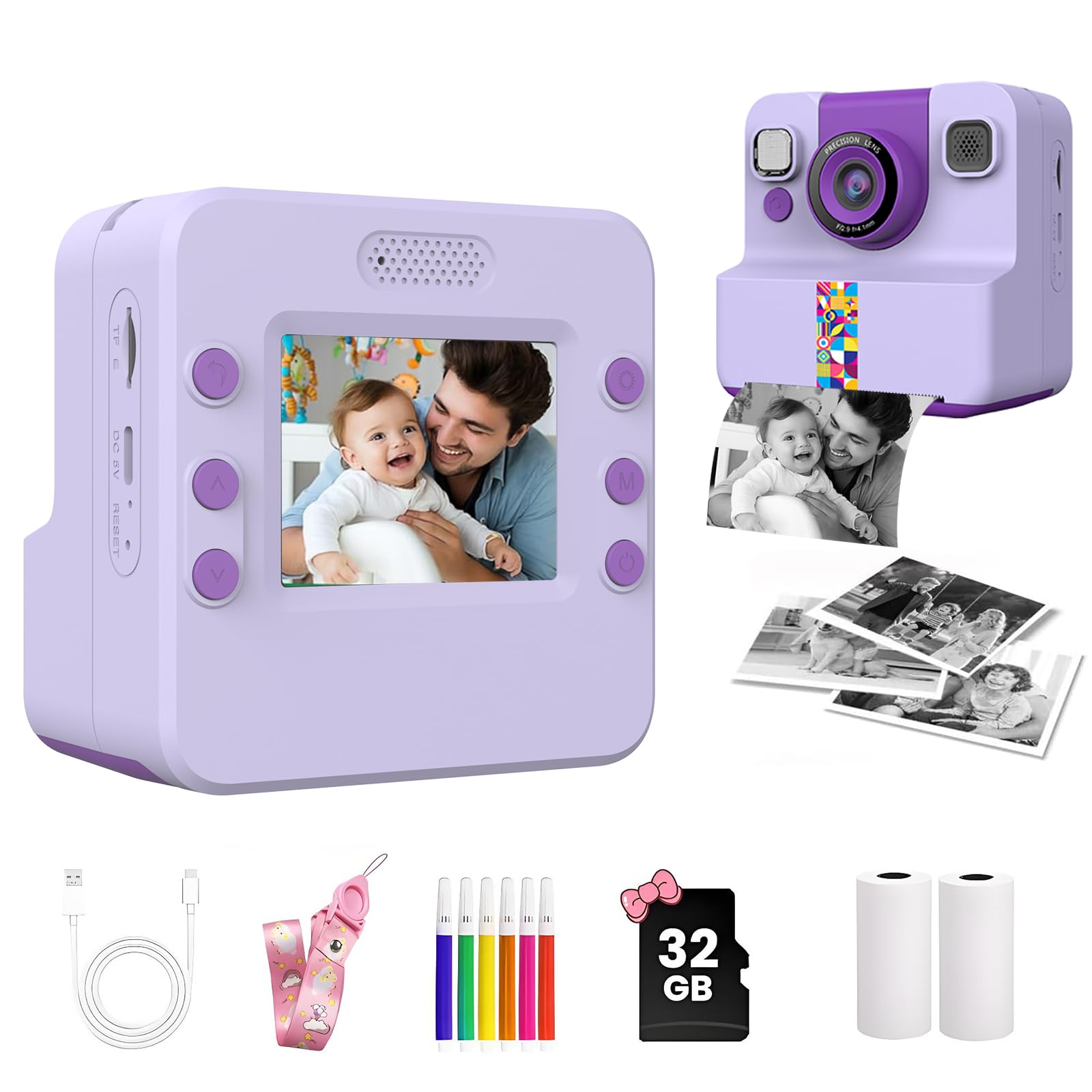 YOBWOK Kids Camera Instant Print,Digital Camera for Kids,180° Rotating Selfie Lens with 32GB SD Card & 2 Rolls Printing Paper Kids Toy Birthday Gifts for Boys Girls Ages 3-12,Purple — image 1