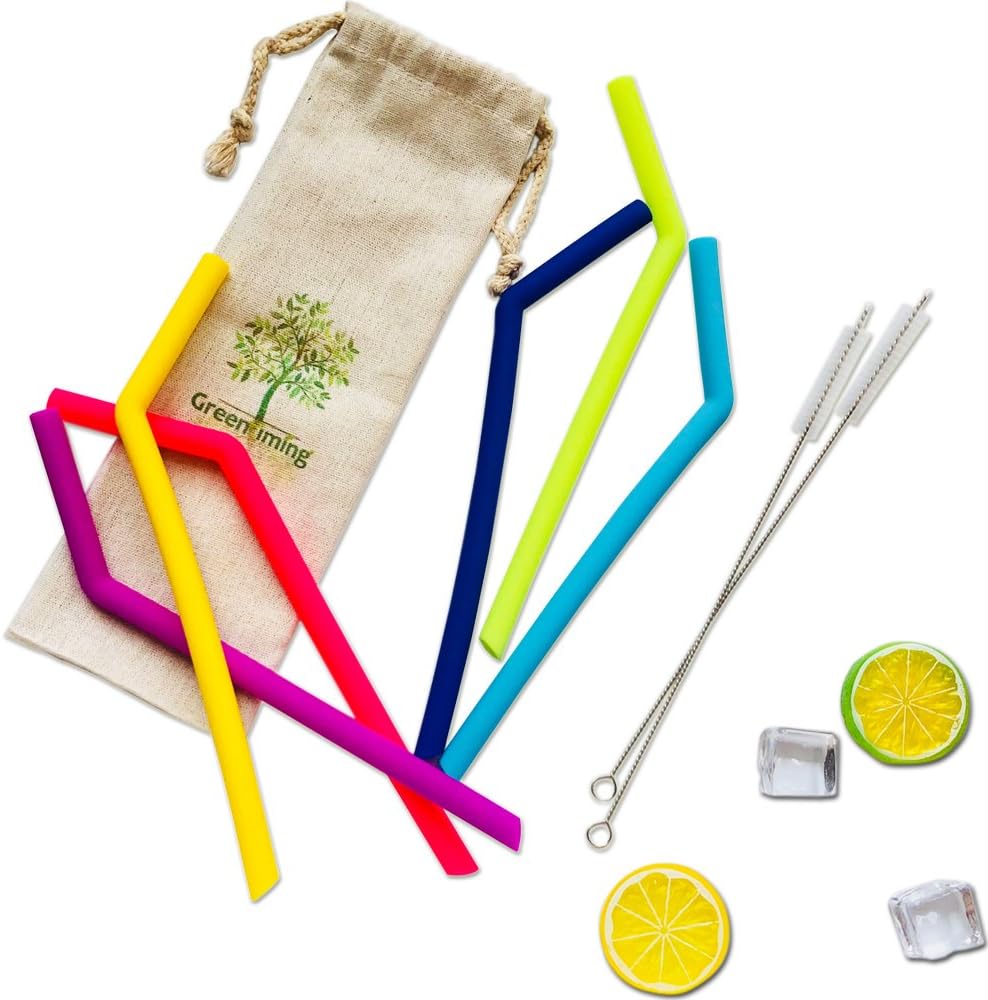 Reusable Rainbow Silicone Straw for Kids set of 6, 10 inch Smoothie boba jumbo straws, bent soft slicone straw & 2 FREE Straw brush Come in straw pouch travel case