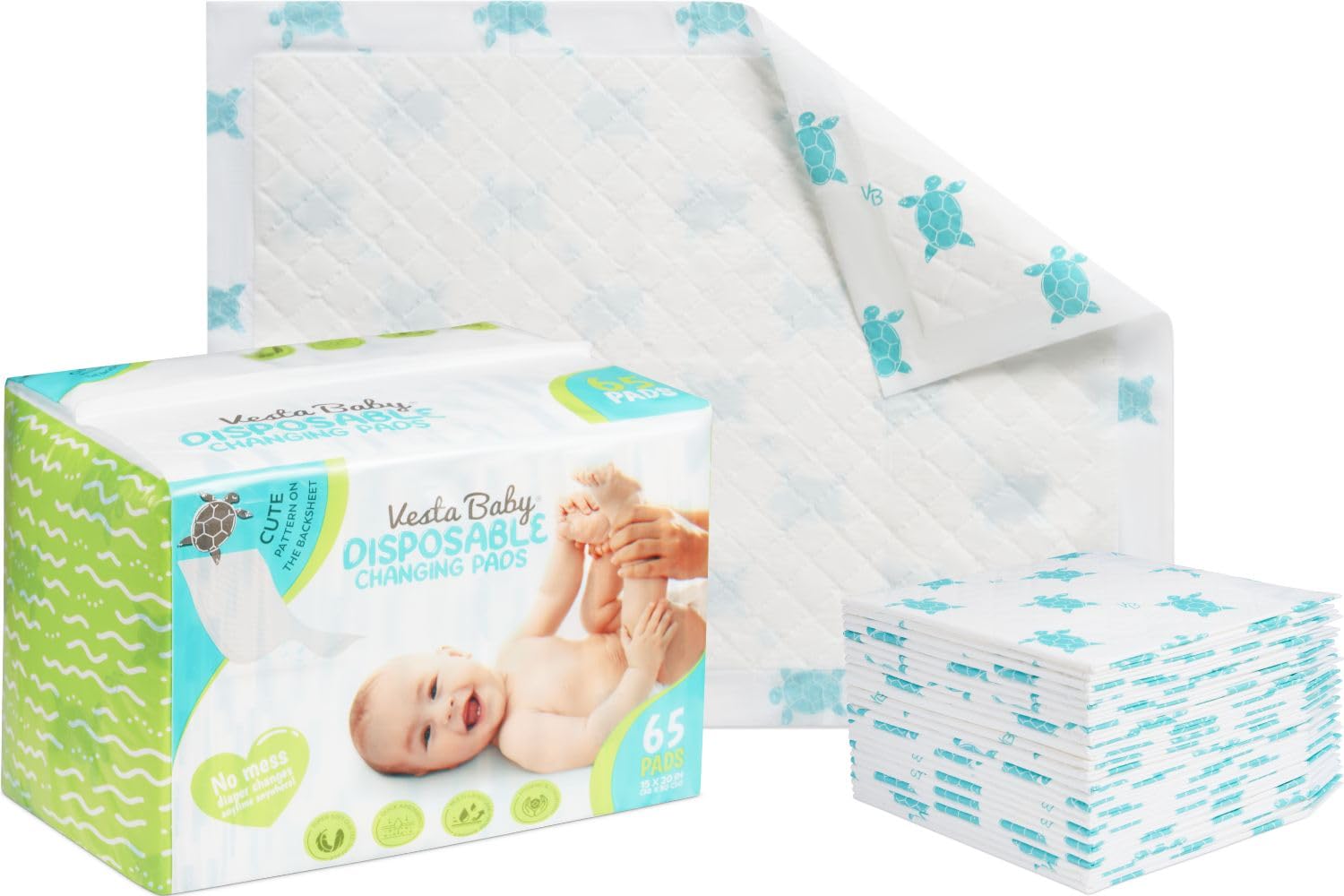 Vesta Baby Disposable Changing Pads - 65 Soft Absorbent Leak Proof Incontinence Mats - Newborn Portable Nappy Change Underpads - Protection Waterproof Liners