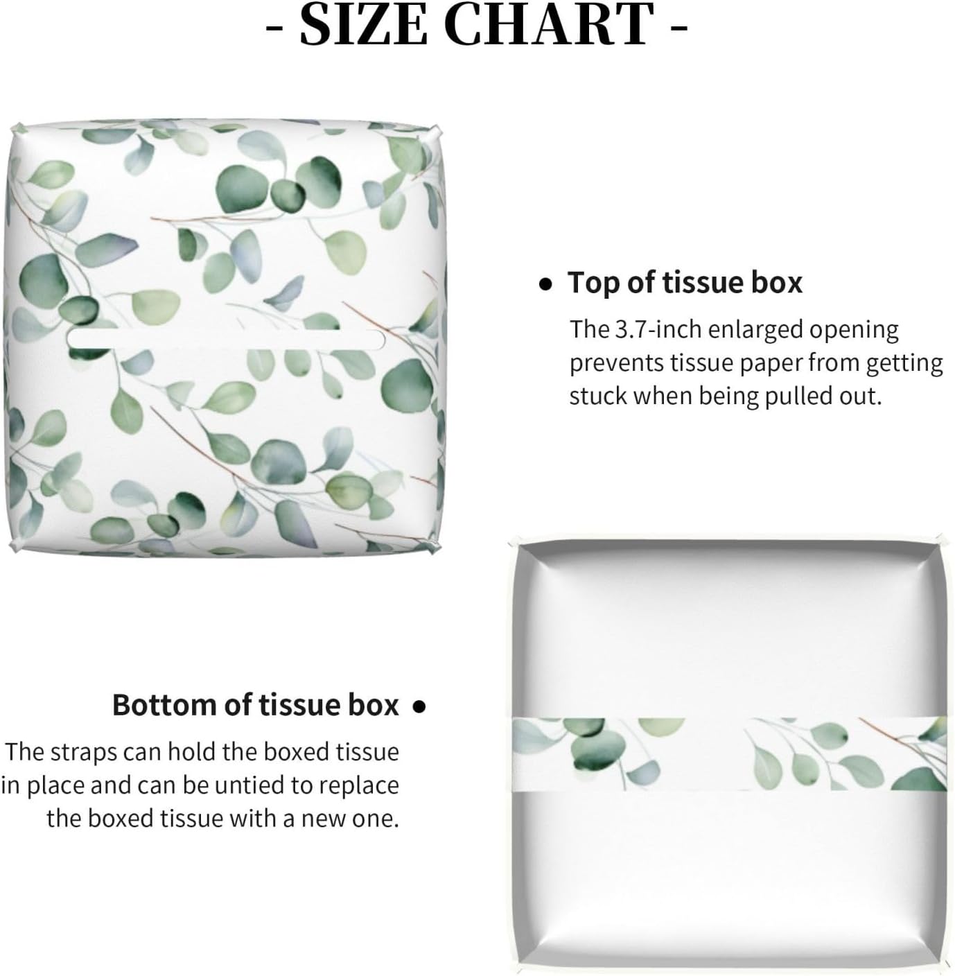 Square Tissue Box Cover Green Eucalyptus Leaves Pattern Cube Tissue Box Cover Pu Leather Tissue Box Holder for Office Kitchen Car Bathroom Facial Paper Organizer Dispenser Cover image 5