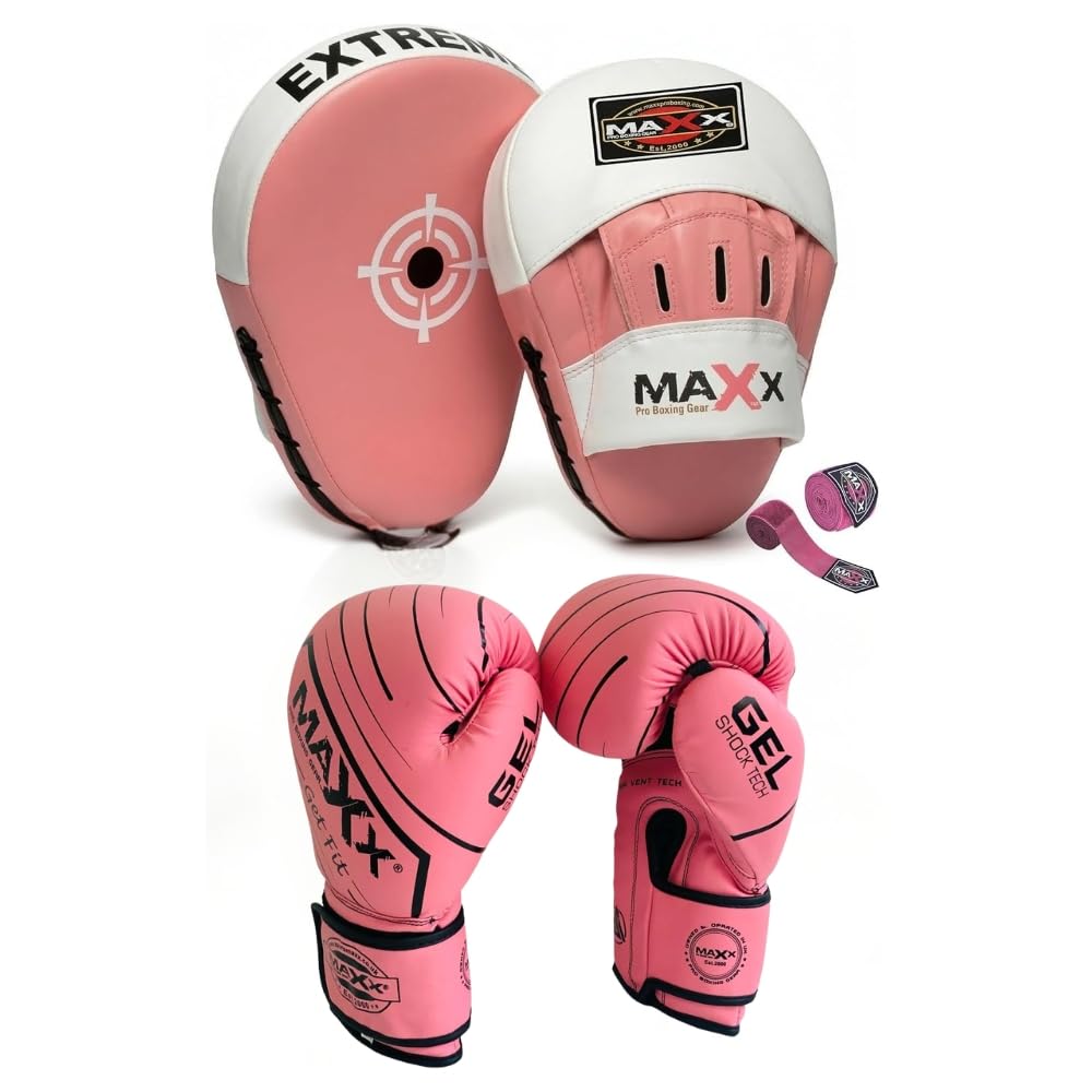 Maxx Focus pads + gloves set, hook and jab pads, training focus mitts, boxing pads, sparring pads (PINK/WHITE, 6OZ) — image 1
