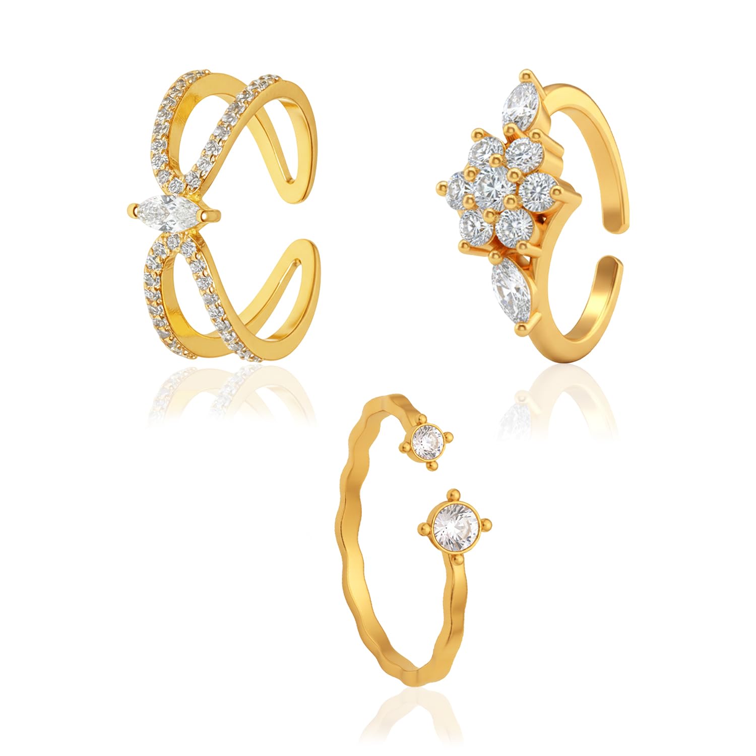 vama FASHIONS Adjustable 3 Pcs 18K Gold Plated Stainless Steel White AD Stone Anti Tarnish Hand Fingerring statement Finger Ring Combo Set For Women & Girls-picture-28