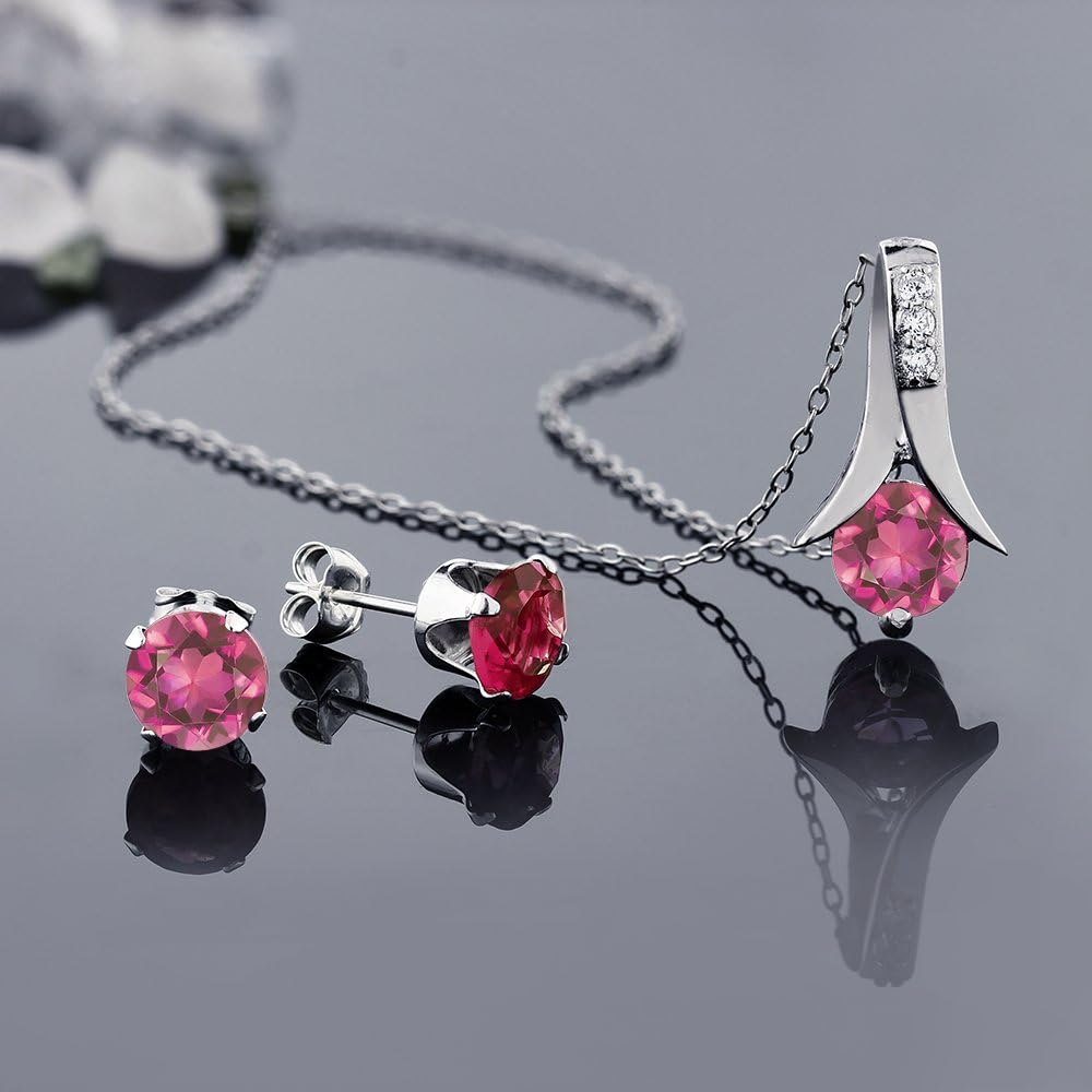 Gem Stone King 2.25 Cttw Mystic Pink Topaz Pendant and Earrings Set For Women | 925 Sterling Silver | Round 6MM | Gemstone Birthstone | With 18 Inch Silver Chain - Image 5