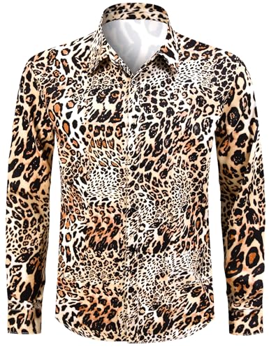 COSAVOROCK Chemise Imprimée Léopard pour Homme à Manches Longues Animalier Casual Shirt, Marron,...