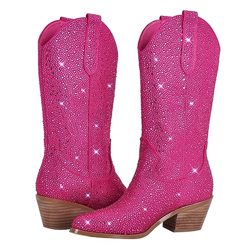 Yolkomo Cowboy Boots For Women Wide Calf Glitter Rhinestone Cowgirl Boots3