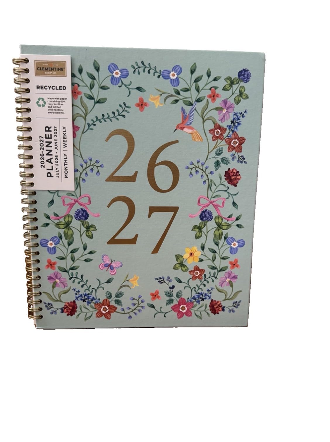 Clementine Agenda settimanale 2027, 12 mesi, da luglio 2026 a giugno 2027, carta riciclata con motivo floreale pesca su avorio, rilegatura a spirale, 28 x 22,9 cm