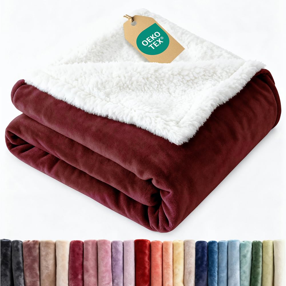 sherpa fleece blanket throw size - reversible sherpa fleece throw blanket - super soft double sided for bed, sofa, couch - thick, warm, & plush - luxurious bedding for winter - burgundy, 50" x 60"