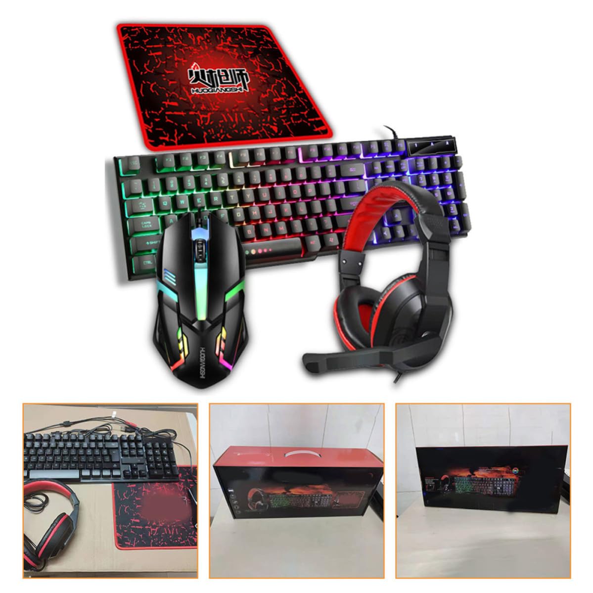 iplusmile Tastiera e Mouse Gaming 4 in 1 Retroilluminati, 104 Tasti, in Abs, Nero, Cuffie e Mouse Pad, Set per Gioco Bordi Cuciti