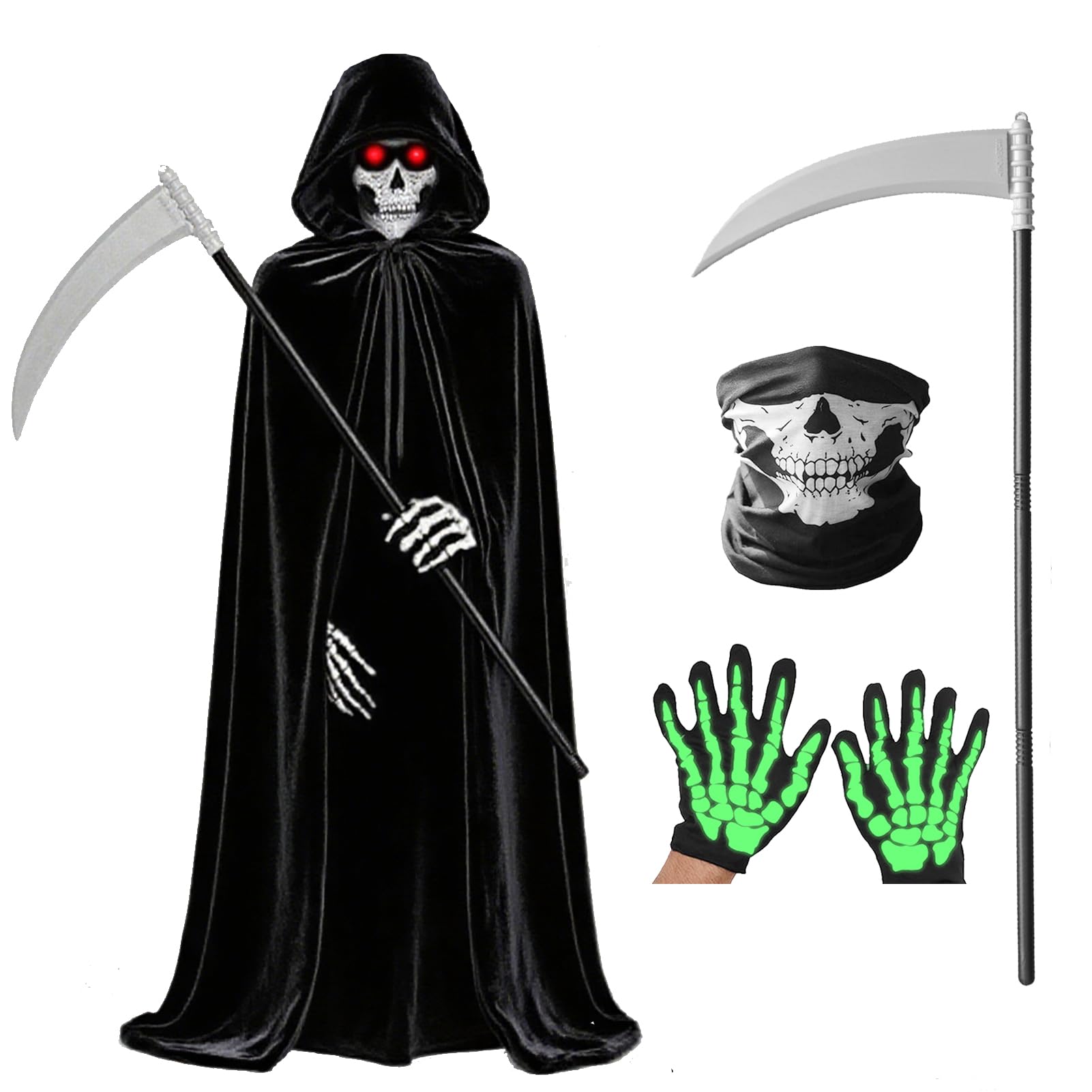 Aleshime Grim Reaper Costume Adult Kids Halloween Fancy Dress Costume, Halloween Black Hooded Robe with Accessories for Boys Mens Grim Reaper Cosplay (Length-110cm)