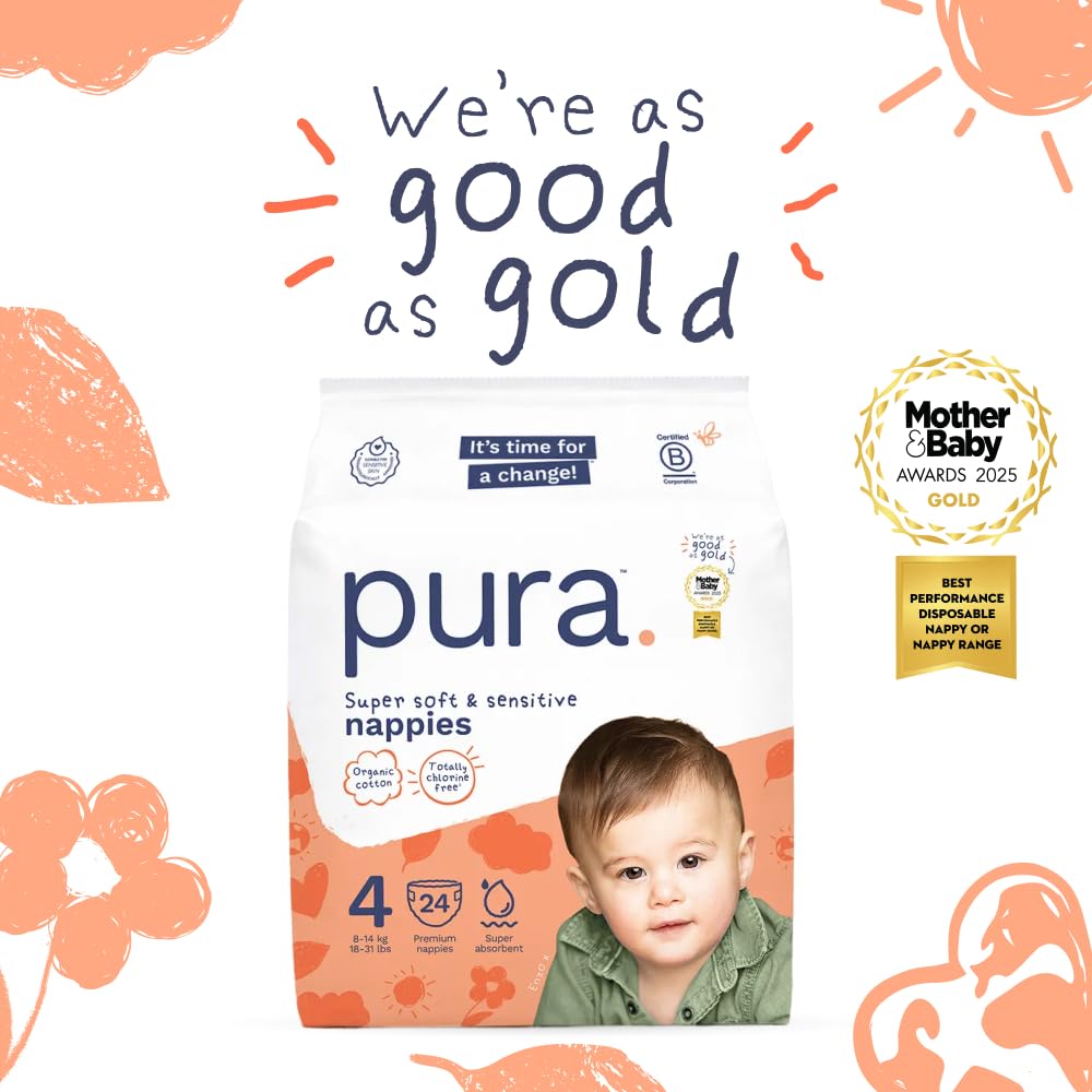 Pura Eco Babywindeln - Größe 4 (8-14 kg/18-31 lbs), 6 x 24 Windeln (144 insgesamt), Monatspaket, ultraweiche Windeln für empfindliche Haut, Bio-Baumwolle, bis zu 12 Stunden Auslaufschutz, neue