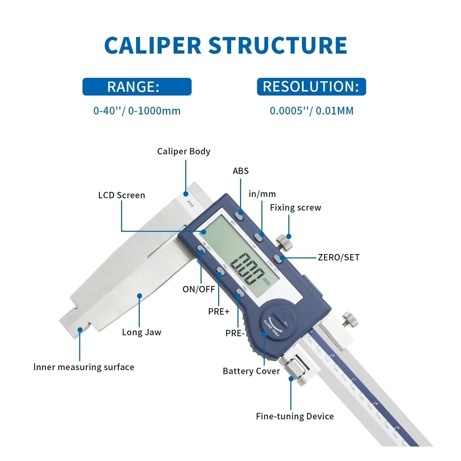 Calibrador Vernier Digital con rango de medición de 0-40 "/1000mm, calibrador Digital de mandíbula larga resistente, calibrador de acero inoxidable