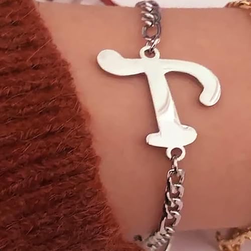 Vista 7 de Loqimu Juego de 4 joyas con iniciales de acero inoxidable para mujer, anillos de plata, pulseras, aretes, collar, gargantilla mayúscula, cadena