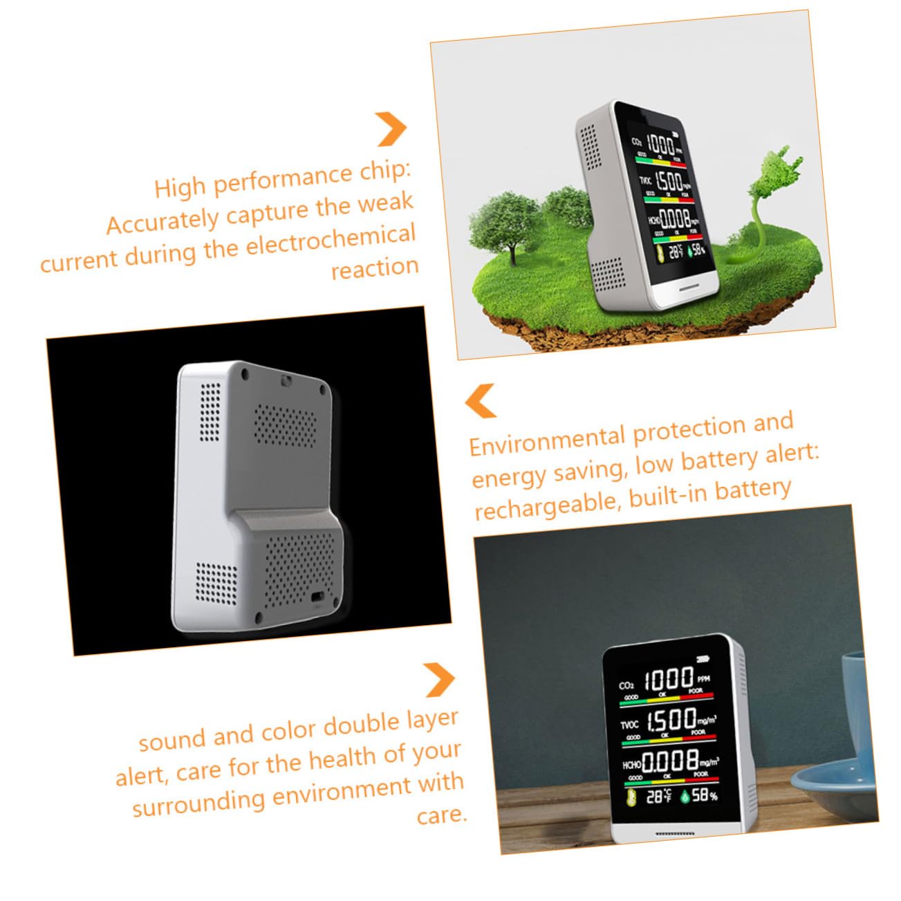 PLAFOPE Medidor Calibración Calidad Portátil Co2 de Interior Aire del Incorporada Batería y Compensación de Vidrio Blanco para Invernadero